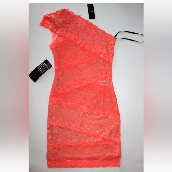 Bebe One Shoulder Lace Bandage Bodycon Dress S Bright Coral Pink NWT - Picture 2 of 14